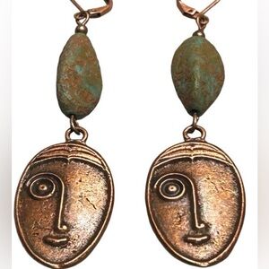 Abstract Face Bronze Earrings Lever Back Stone Bead Dangle Boho Art